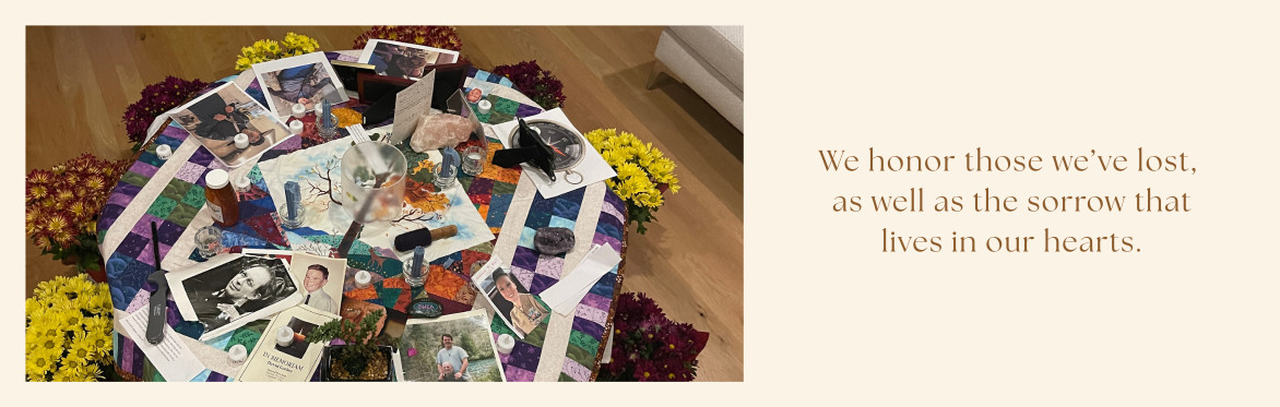 A logo and banner for HoneyGrief, a ritual-centered grief retreat in the Hudson Valley, featuring an emblem with a bee and heart motif alongside the tagline "Love and finding sweetness in grief."