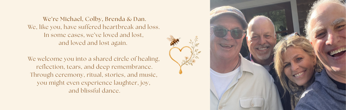 A logo and banner for HoneyGrief, a ritual-centered grief retreat in the Hudson Valley, featuring an emblem with a bee and heart motif alongside the tagline "Love and finding sweetness in grief."