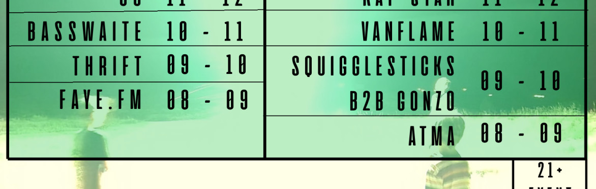 The left flyer uses a vivid green and black color scheme. At the top, large white text reads “Desert Rave Fam Presents: Alien Encounter,” followed by “Featuring.” A boxed center column lists the perfo