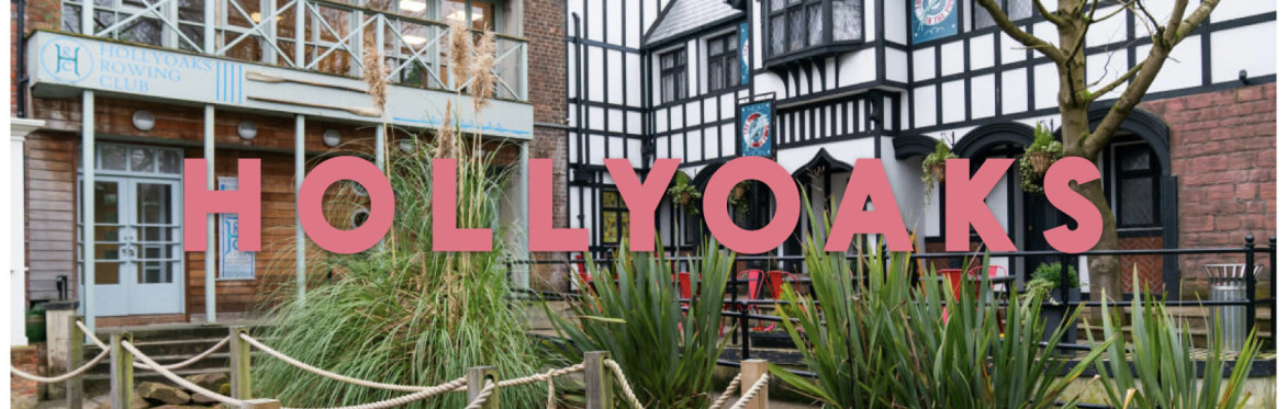 Hollyoaks word logo over an image of Hollyoaks village