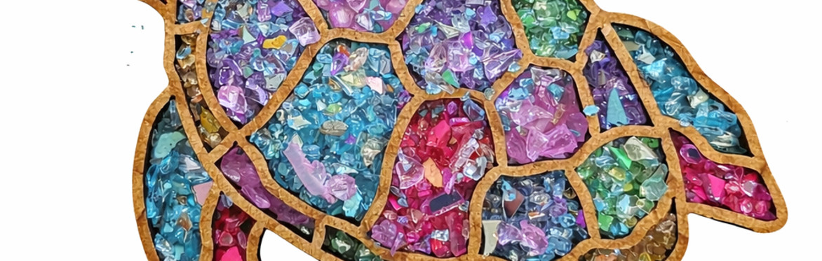 text saying Crushed Glass Art Party create and sip with CorksandStrokes.com with a rainbow of crushed glass at the top and bottom.