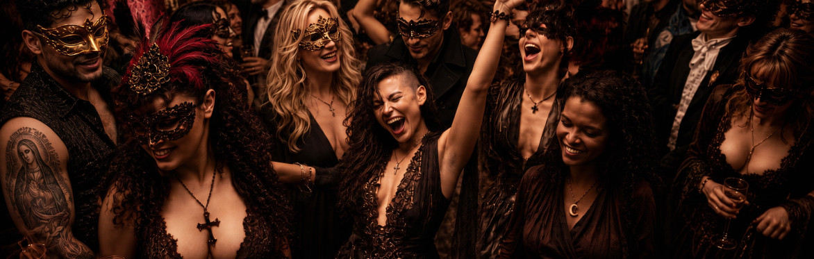 Woman in an ornate black lace masquerade mask and black dress against a deep red background, with a trickle of blood at the corner of her mouth.
