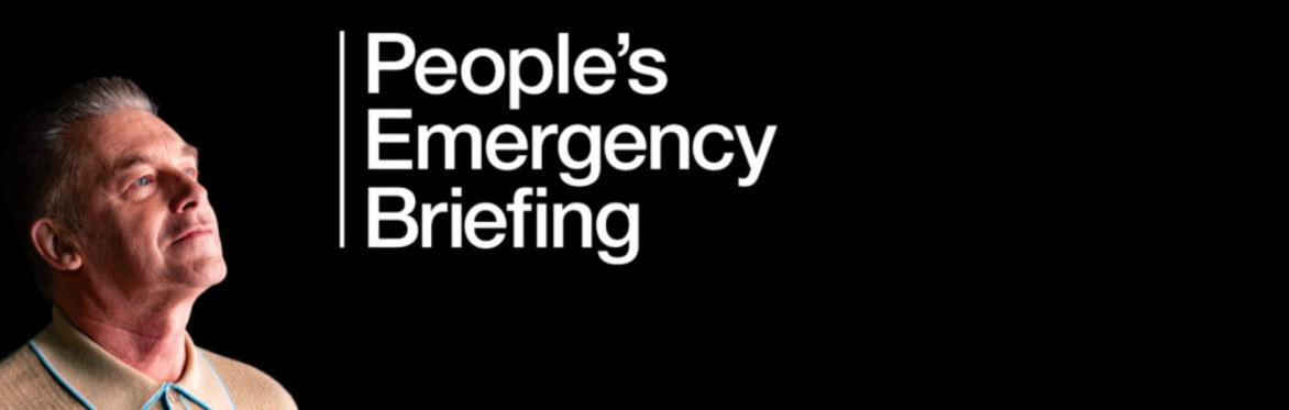 A banner with the text People's Emergency Briefing and the headshot of the presenter Chris Packham