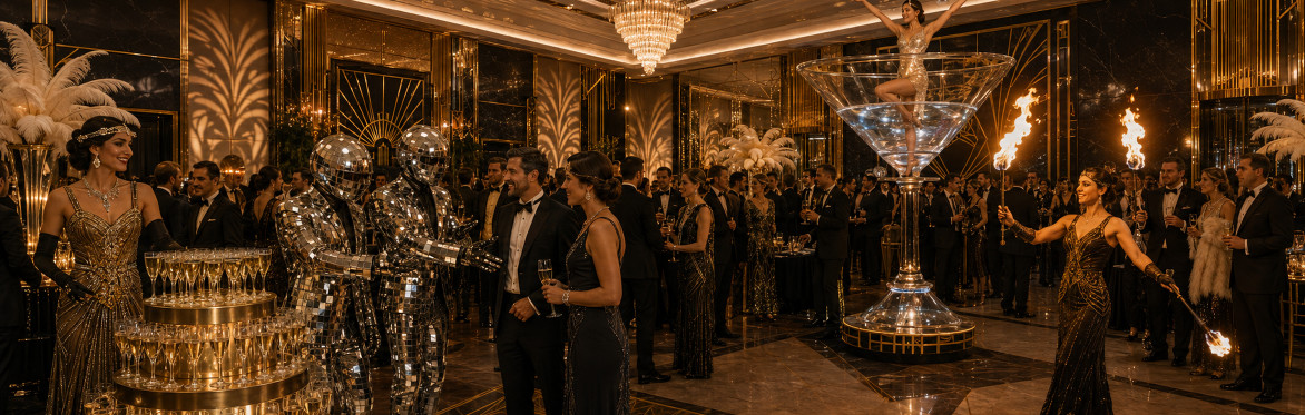New Years Eve Great Gatsby Gala Dinner Show with 5 piece band and showgirls dancing.