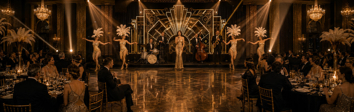 New Years Eve Great Gatsby Gala Dinner Show with 5 piece band and showgirls dancing.