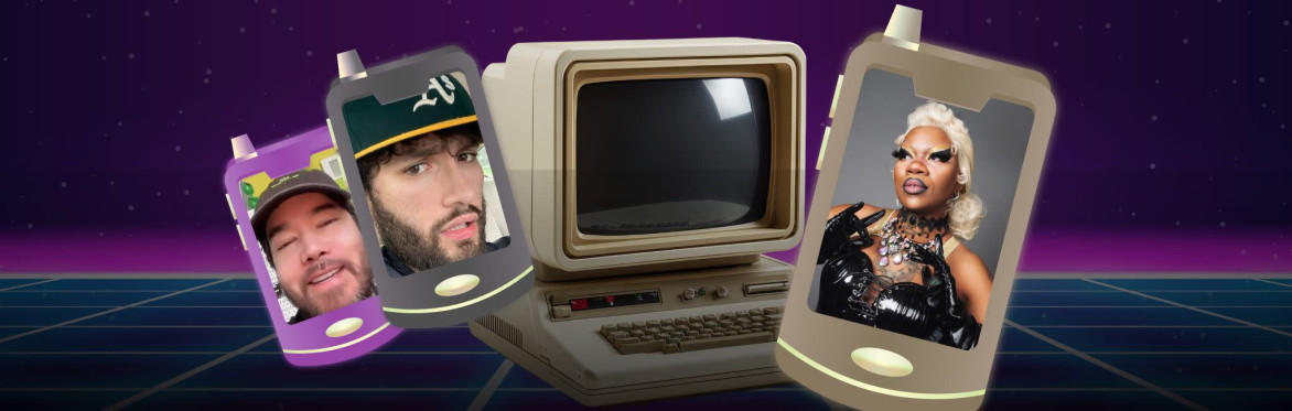 An 80s computer floating in a technology universe with pictures of performers on blackberry phones