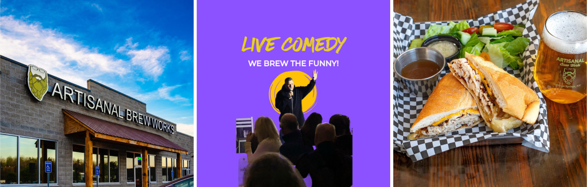 This image contains an old style microphone. The image promotes a comedy show called We Brew the Funny! August 8th at Artisanal Brew Works at 8 PM