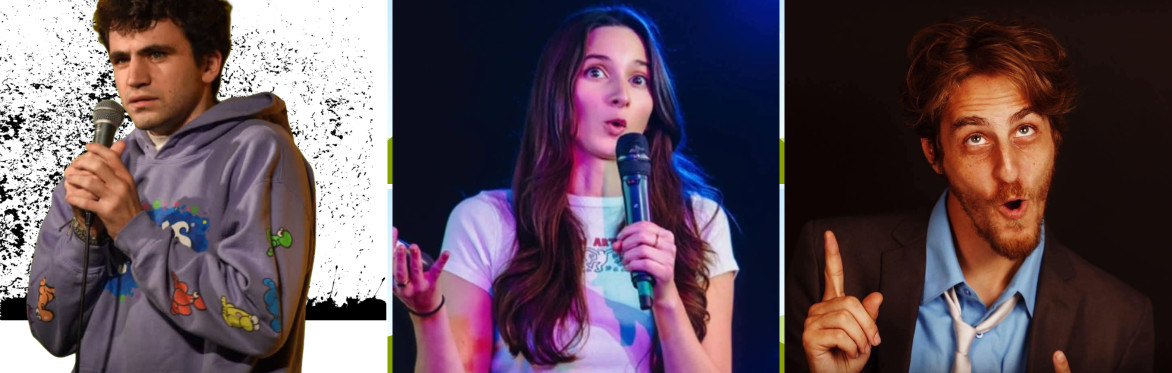 This image contains an old style microphone. The image promotes a comedy show called We Brew the Funny! August 8th at Artisanal Brew Works at 8 PM