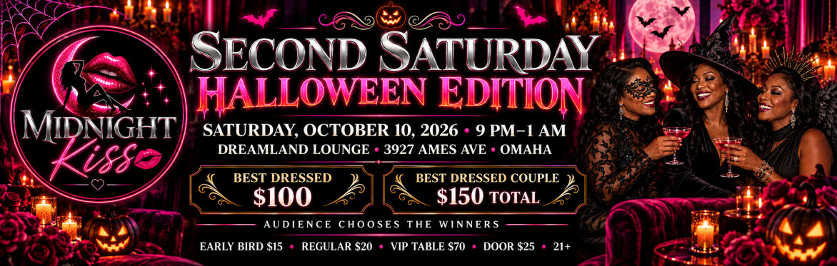 Midnight Kiss: Second Saturday Halloween Edition banner with a neon pink logo, costumed women, and pumpkins. October 10, 2026, 9 PM–1 AM at Dreamland Lounge in Omaha.
