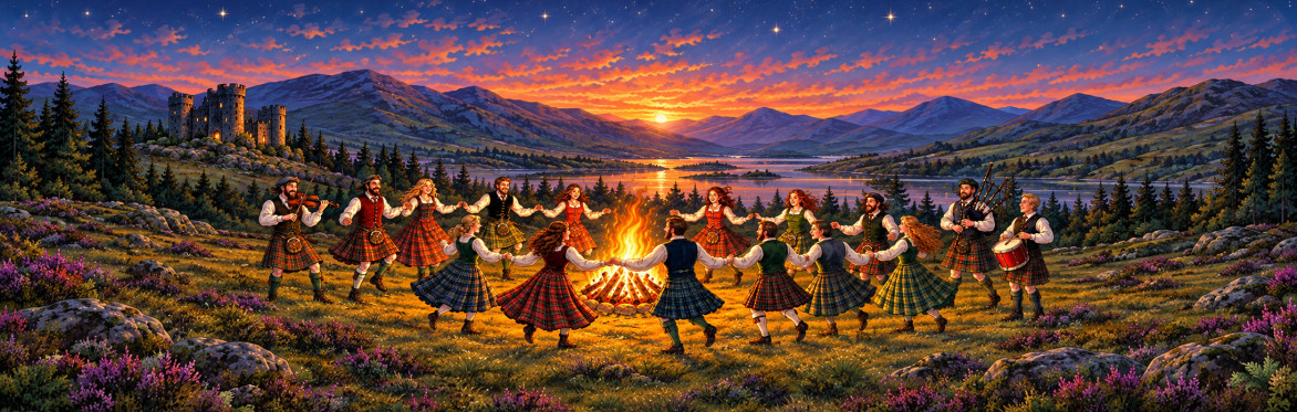 Scottish Dancers around a fire