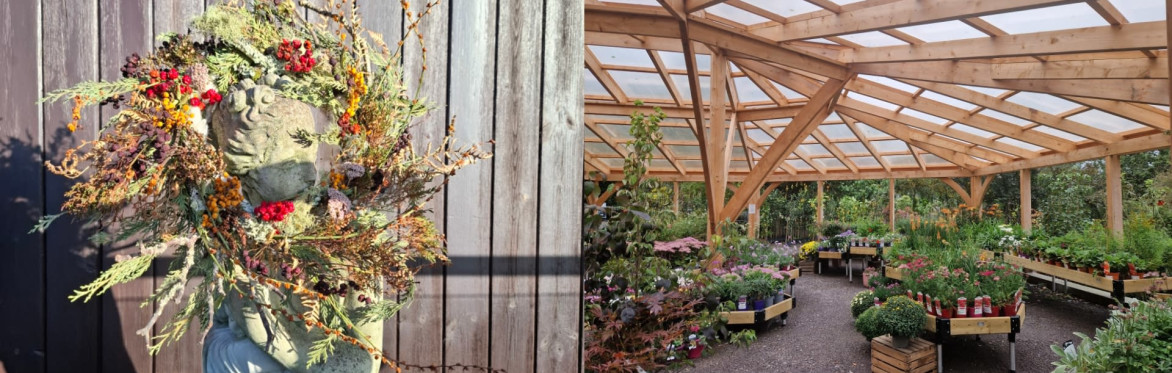 On the left, woman smiling while working with dried bracken. On the right, wild autumnal dried flower wreath hanging on dark wooden panelled wall.