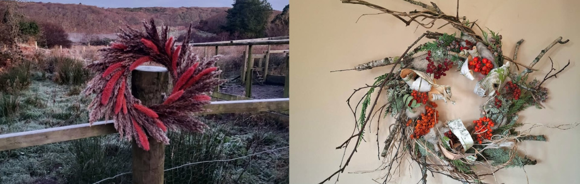 On the left, woman smiling while working with dried bracken. On the right, wild autumnal dried flower wreath hanging on dark wooden panelled wall.