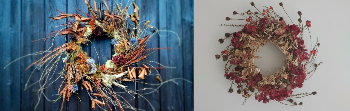 On the left, woman smiling while working with dried bracken. On the right, wild autumnal dried flower wreath hanging on dark wooden panelled wall.