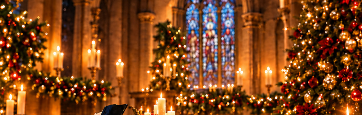 A grand piano, surrounded by candles and Christmas decorations