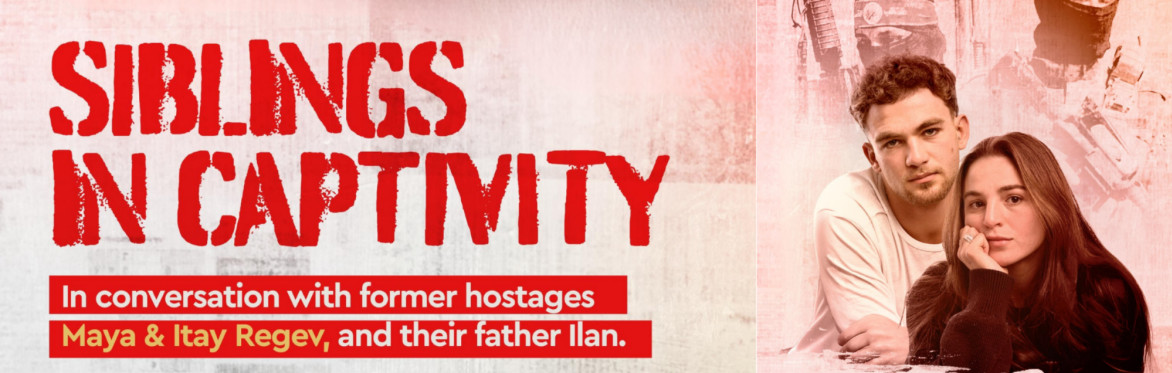 Picture of Itay and Maya Regev With the title of their event in Seattle called siblings in captivity
