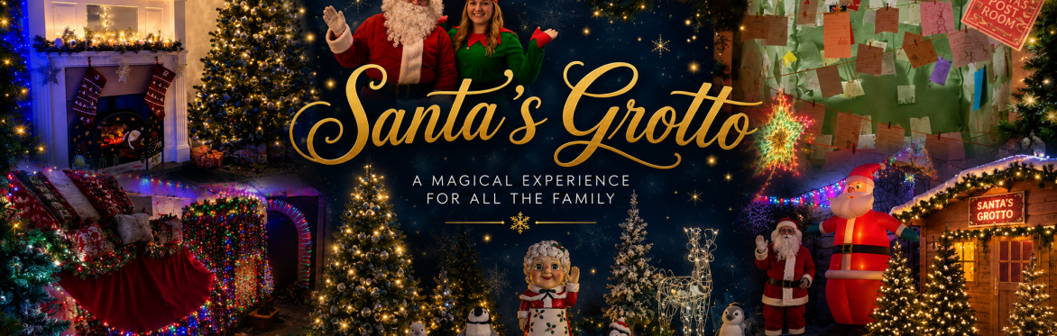 Santa’s Grotto Christmas collage featuring Santa, elves, festive lights, decorated trees, presents, Santa’s Post Room, and magical holiday displays for families.