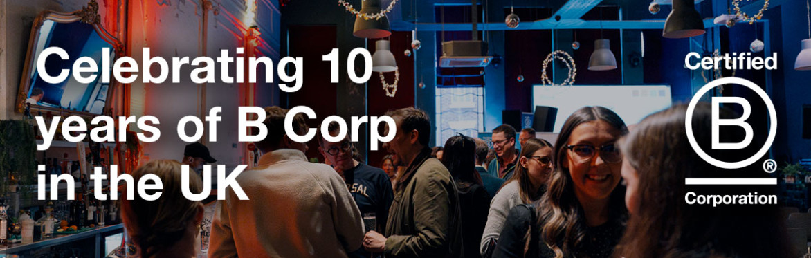 Picture of people from local B Corp community chatting at a nice bar, with Take 10 logo and Certified B Corp logo over the image.