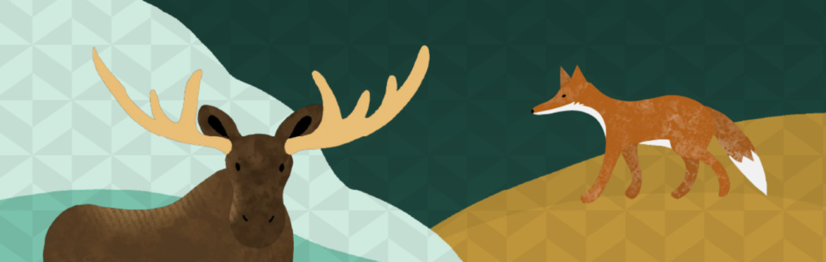 Illustration with a moose standing against a teal-coloured mountain and a fox on an ochre-coloured hill
