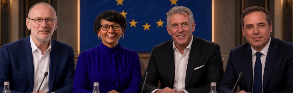 Four speakers sit at a conference table beneath an EU flag promoting the “Holistic Capitalism & All Shall Prosper” leadership event in Hamburg on 29 October 2026.