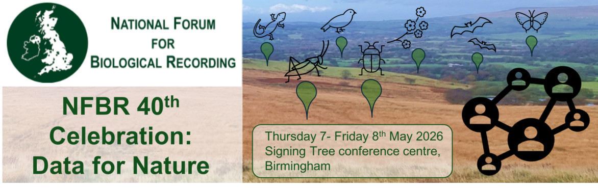 The National Forum for Biological Recording logo, a green circle with a map of the United Kingdom, and an image of a landscape overlaid with points each associated with a different type of wildlife.