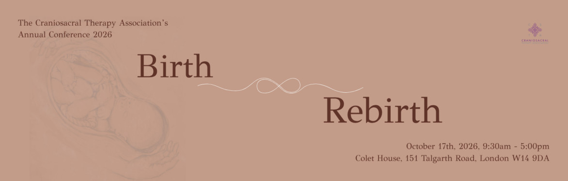 A brown banner with a sketch of a baby held by hands. Text describes the CSTA conference details