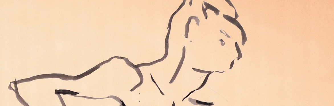 ink line painting of a figure leaning forward and looking to the right