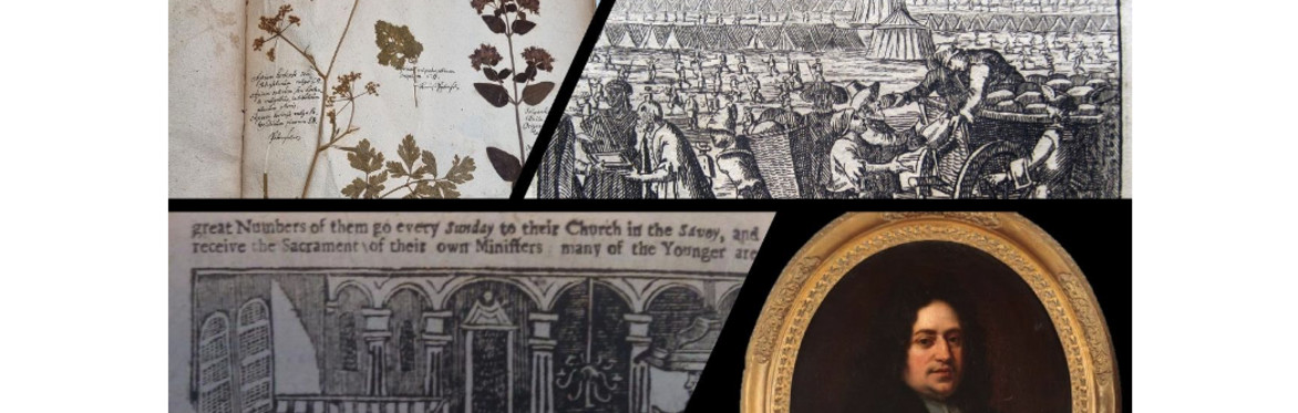A portrait of Pastor Ruperti, a page of his Herbarium, and two print images of German refugees in 18th-century London
