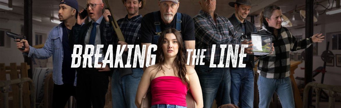The poster for Breaking the Line. Scarlett is sitting on a chair, surrounded by a sinister crime family, a briefcase sitting on her lap.