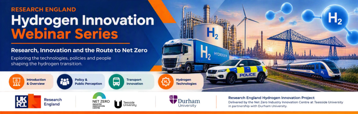 The image shows a hydrogen storage tank and plant along with a train, hydrogen truck and police vehicle stating the Research England Hydrogen Innovation Project is running a hydrogen webinar series