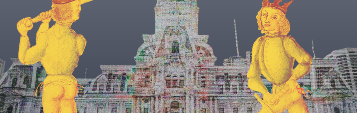 stylized depiction of two swordfighters in front of stylized image of Philly City Hall