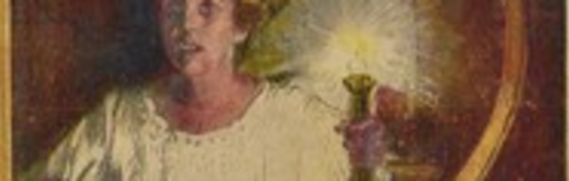 A painting of a scared woman's face