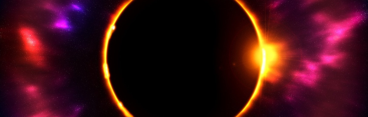 A solar eclipse image showing an orange corona around a black moon.