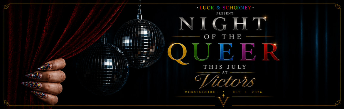 Banner image on the Night of the queer logo featuring a hand pulling back a curtain to reveal two disco balls.