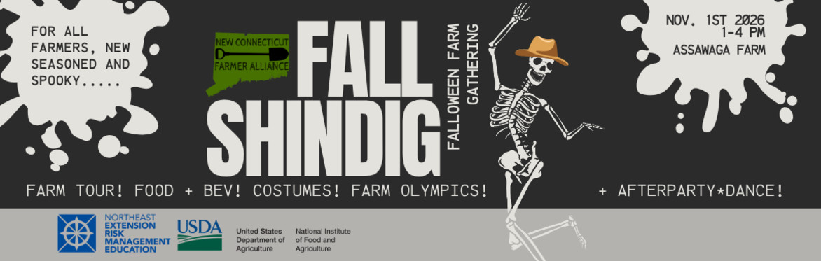 Fall Shindig Details and a dancing Skeleton. Logos for NCTFA and event sponsors NERME and USDA