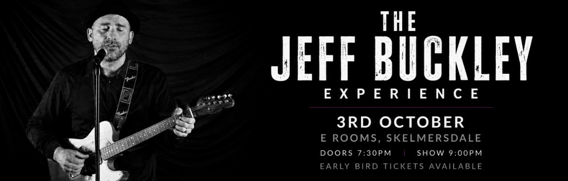 Wide banner showing a male singer performing with guitar under moody lighting, promoting The Jeff Buckley Experience live tribute show in the UK.
