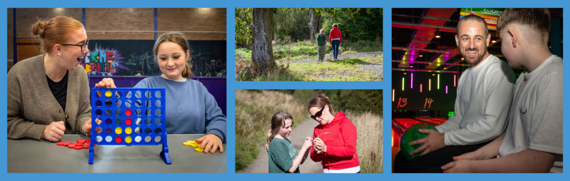 A collage of images of young people and their mentors in the community, including at a bowling alley, playing Connect 4 in a youth centre, and going out for a walk.