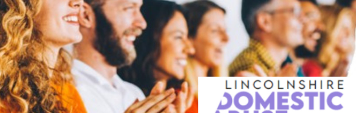 People sitting and applauding at an event, shown beside the Lincolnshire Domestic Abuse Partnership logo