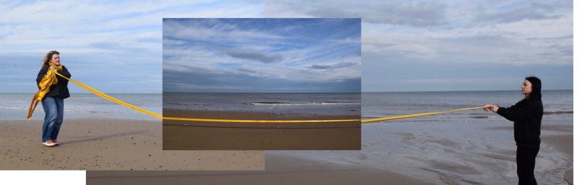 Photo Collage by artist Kimberley Foster. The artist holds one end of a yellow ribbon across three photographs of the North Norfolk coast. Artist Margaret O'Brien holds the other end of the ribbon.