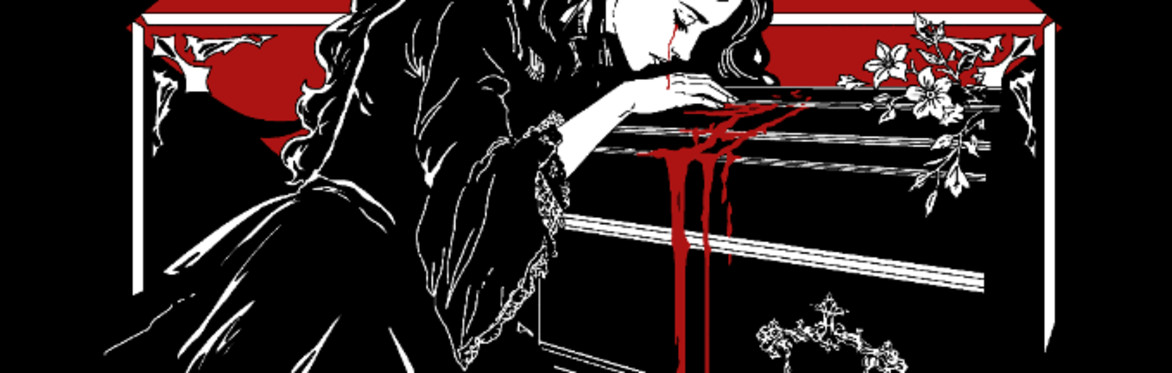 A beautiful woman crying over a coffin leaking blood.