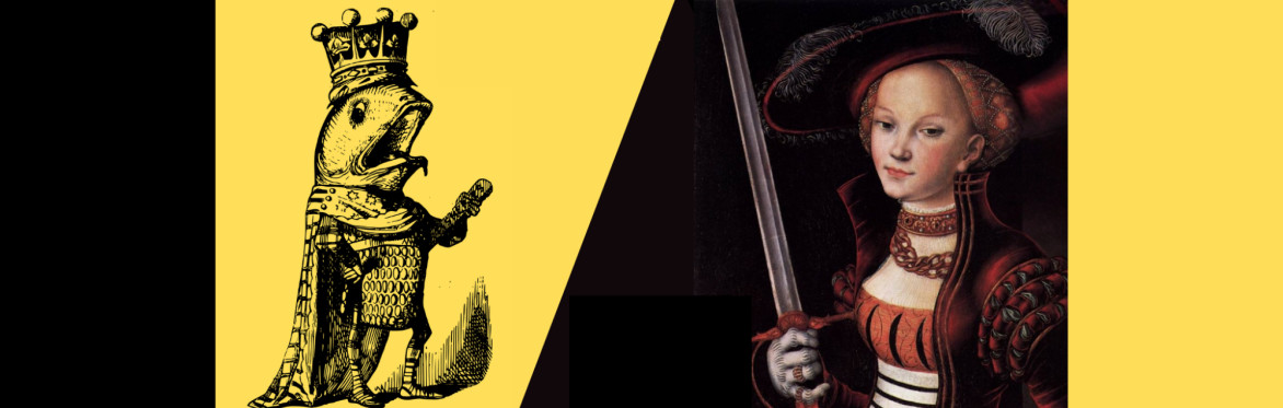On the left, a cartoon fish dressed in a robe and crown. On the left, a white woman in medieval dress holding a sword.