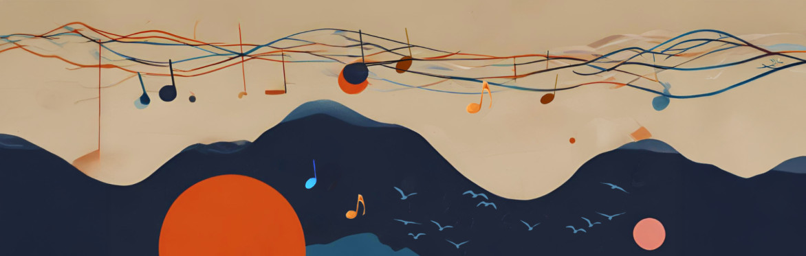 musical mountains with birds and notes