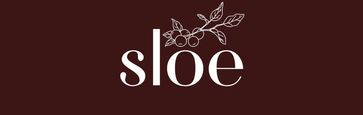 The word sloe in white text on a burgundy background. There is a white line drawing of a sloe branch with 5 sloe berries and 7 blackthorn leaves positioned above the o and e of sloe