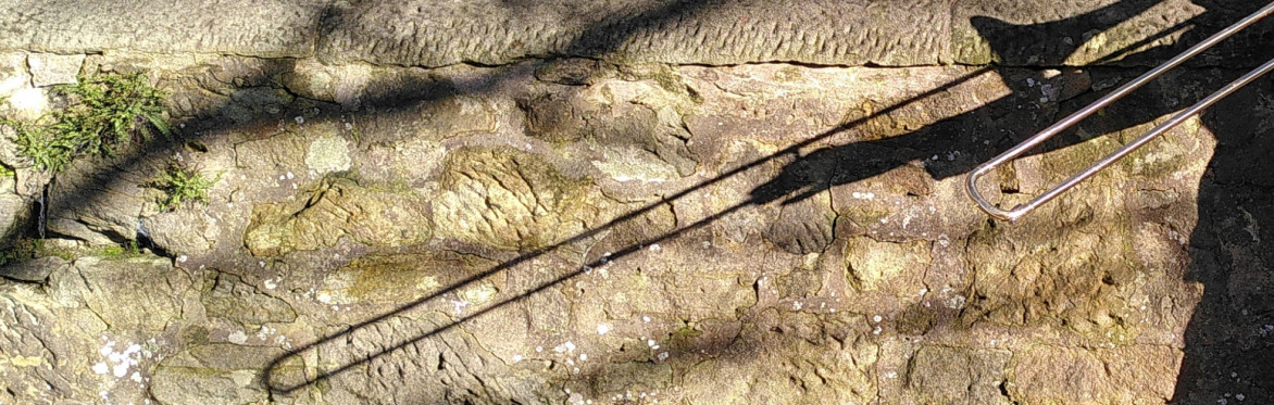 The shadow of a trombone slide against a wall