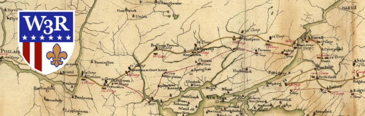 A map of revolutionary-era New Jersey and the W3R logo