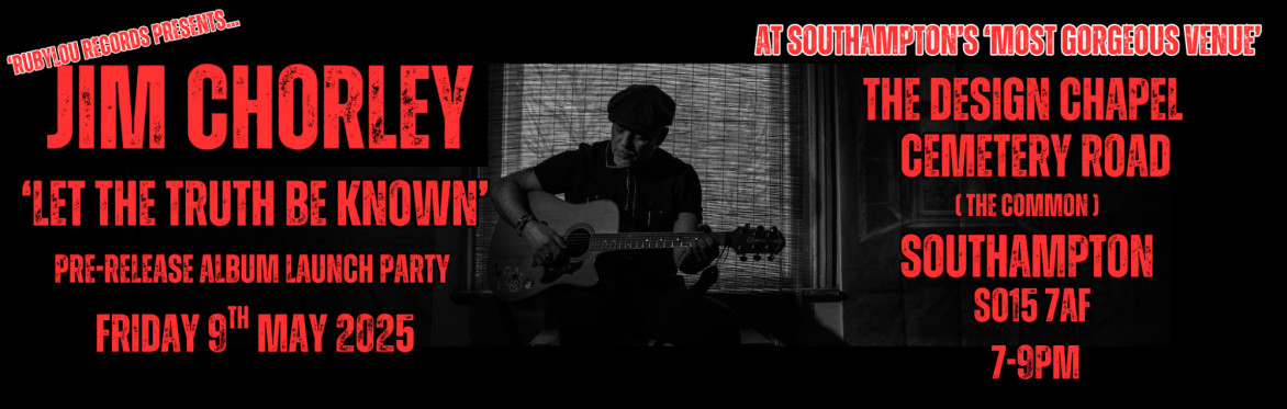 Event info in red on a black background with a black and white photo of Jim Chorley playing an acoustic guitar