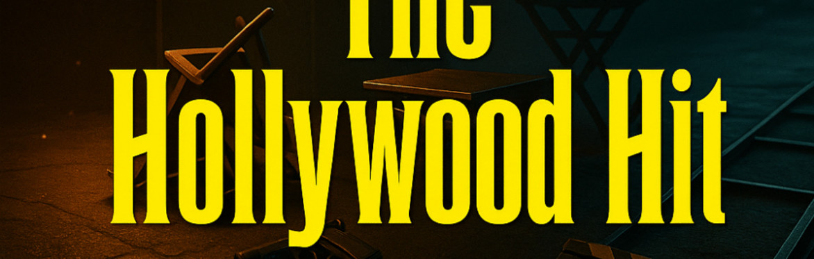 A dark movie set features film equipment, a director’s chair, two prop guns, and a clapperboard. Bold yellow text reads The Hollywood Hit with The Dinner Detective logo in the corner.