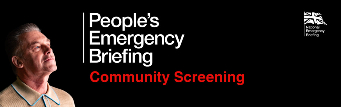 Banner saying People's Emergency briefing, community screening