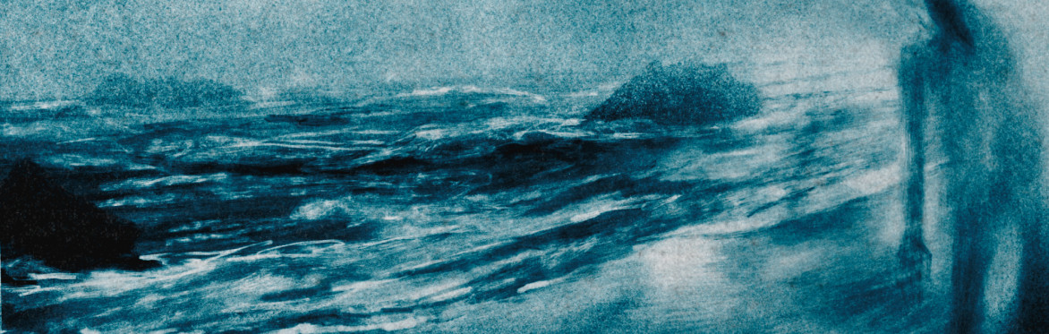 An image of a misty sea with a scary figure of a man with an elongated mouth walking towards you