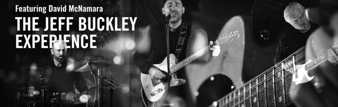 Wide banner showing a male singer performing with guitar under moody lighting, promoting The Jeff Buckley Experience live tribute show in the UK.