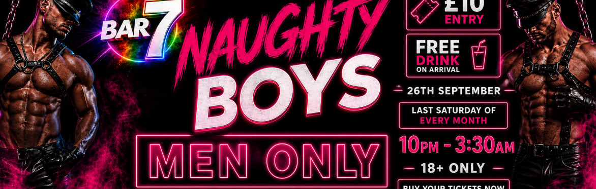 An image of a poster. The poster is black with pink text and it reads "Men Only, £10 entry and free drink on arrival"